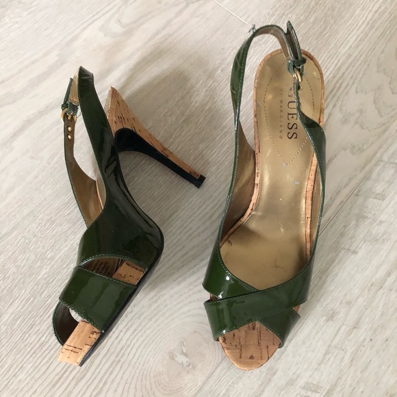 Guess by Marciano Green Leather High Heel Slingback Cork Heels - Picture 13 of 16